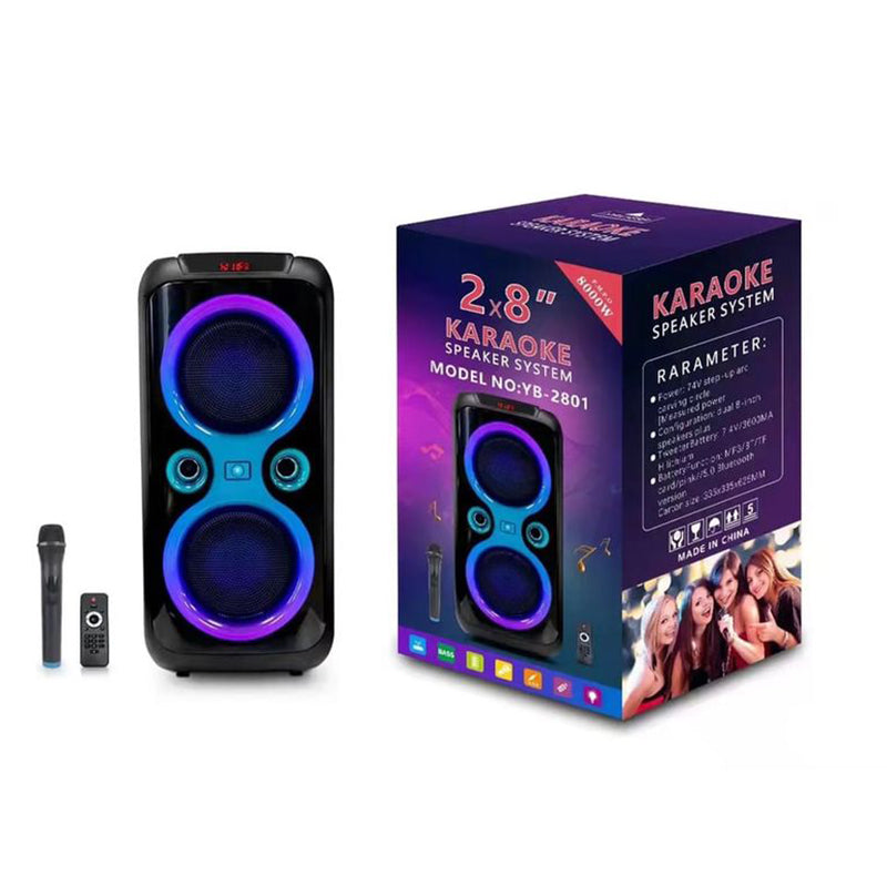 YB-2801 karaoke Bluetooth speaker system with microphone and remote control, shown with its packaging. YB-2801 karaoke Bluetooth speaker system with microphone and remote control, shown with its packaging.